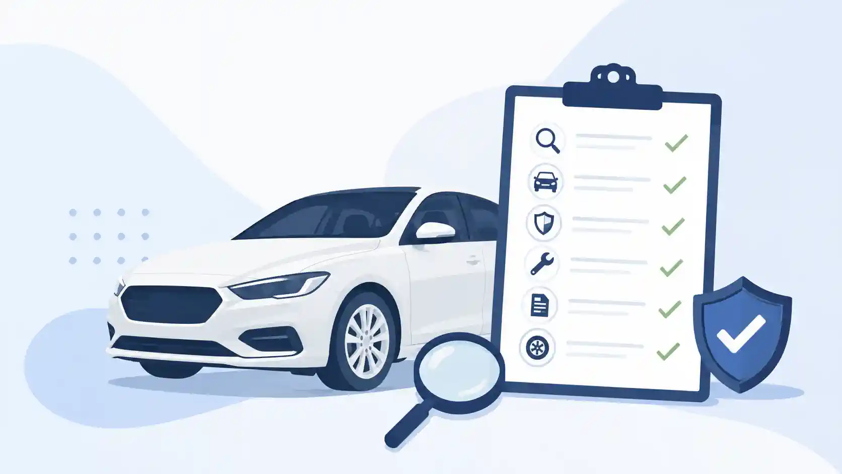 Illustration of a car beside a checklist and a magnifying glass