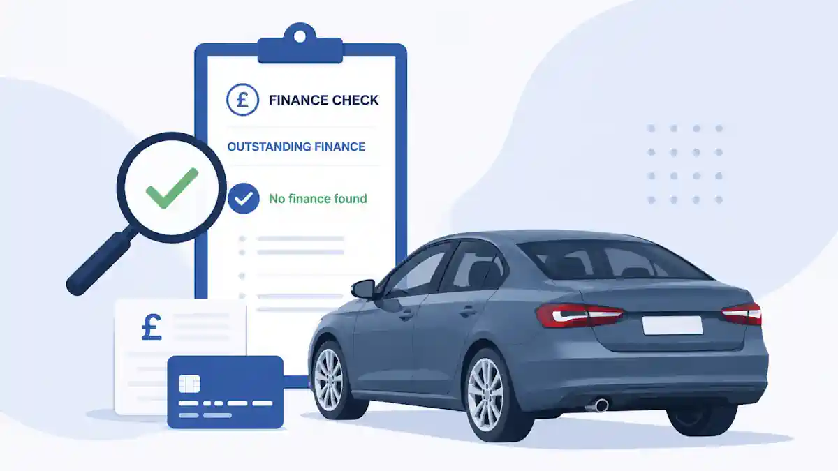 Illustration of a car beside a finance document and a magnifying glass