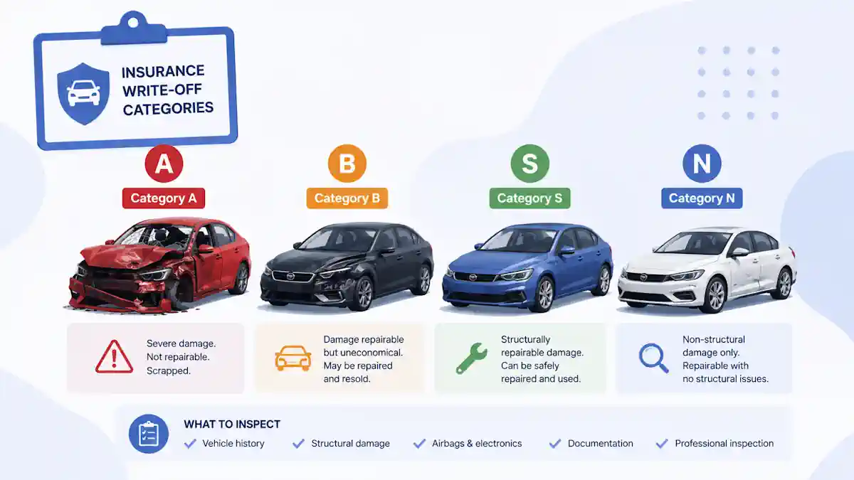 Illustration of a repaired car beside insurance write-off category labels A, B, S and N